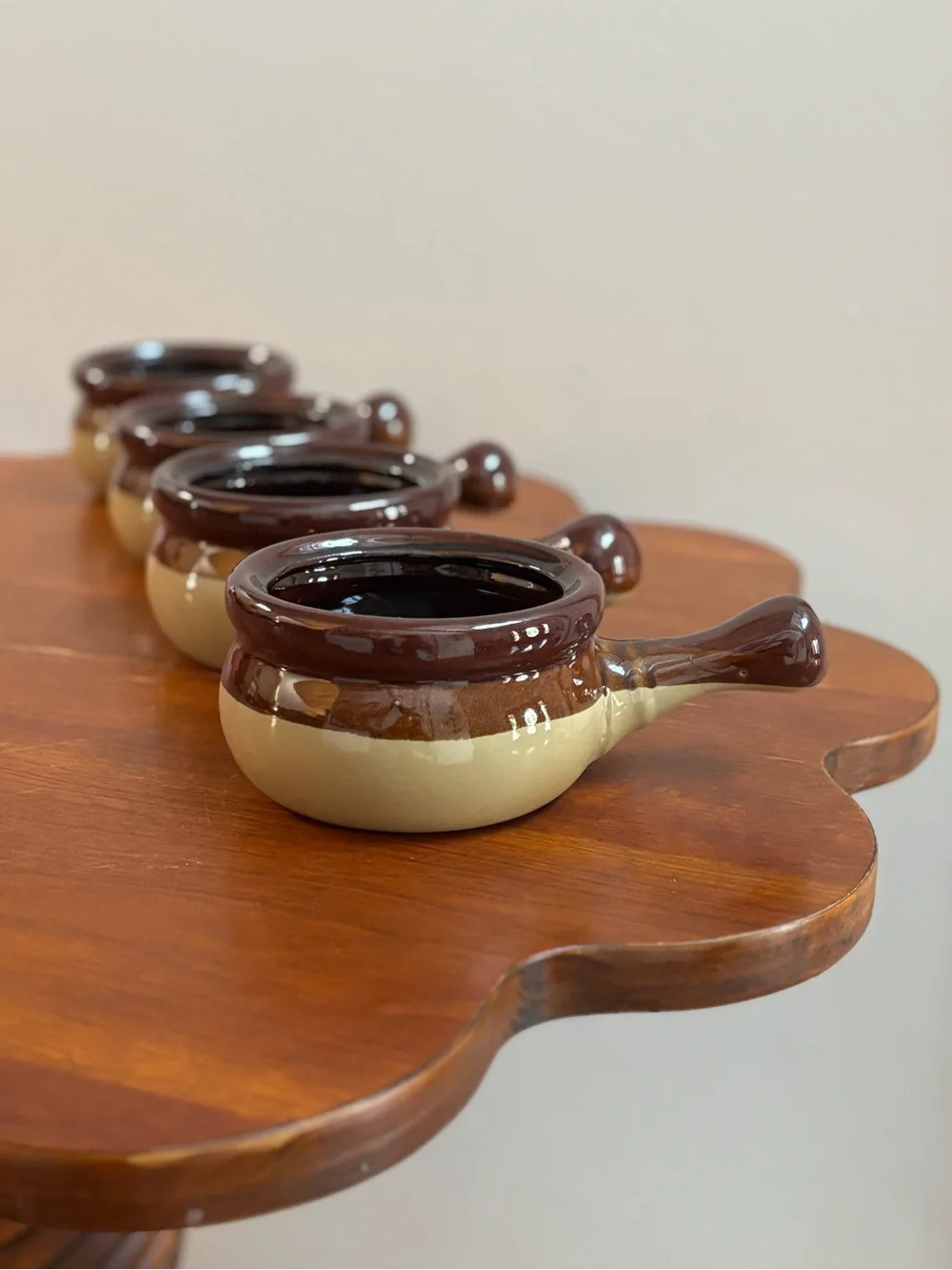 Vintage 1970's Set of 4 Earthenware Soup Bowls with Handles and Multi Tone Glaze